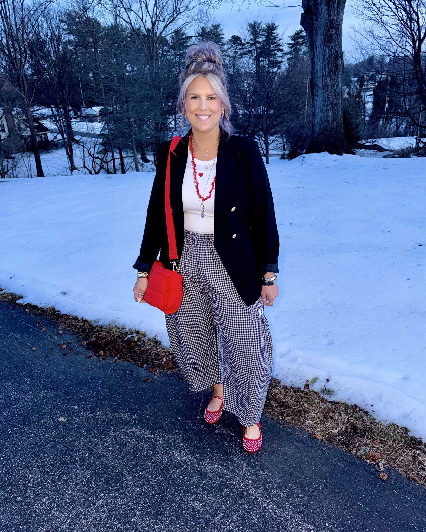 ✔️Pants: Black & White Gingham Barrel Pants 〰️ size L (run large) @amazonfashion @tarse_official
✔️Bag: Red Quilted Puffer Purse 〰️ @amazonfashion 
✔️Necklace: Red Gem Long Necklace 〰️ @jcrew  
✔️Necklace: Pave Initial Necklace 〰️ @adinaeden 
✔️Bracelet: Chunky Gold Bangle 〰️ @amazon 
✔️Gold Ball Bracelets with Alphabet Letters, wearing 3 〰️ @cocosbeads
✔️Thumb Ring: Two-Tone Interlocking Chain Ring 〰️ @amazon 
✔️Statement Ring, Gold Safety Pin Stacking Ring 〰️ @amazon 
✔️Pinky Ring: Gold Criss-Cross Dome RingGold Ball Bracelets with Alphabet Letters 〰️ @cocosbeads

💥 No Longer Available, Linked Similar
✔️Tank: White Tank with Red Heart 〰️ original from @targetstyle  
✔️Shoes: Red Studded Ballet Flats 〰️ original from @walmartstyle 
✔️Blazer: Black Double Breasted Blazer with Gold Buttons 〰️ original from @walmartstyle 
✔️Necklace: Gold Caribener Pendant Necklace 〰️ original from @saksofffifth

black blazer, double breasted blazer, gold buttons, fitted tee, tank, white tank, heart, red, white, black, embroidered, crew neck, tee, barrel pants, flowy pants, gingham, black and white, pull on past, elastic waist, target, tarse, amazon, walmart, scoop, a new day, pattern, cropped pants, ankle pants, ballet flats, red flats, red shoes, pop of color, pop of red, red purse, red bag, shoulder bag, quilted, puffy, puffer, red necklace, layered necklaces, chunky bangle bracelet, cocos beads, coco's beads, gold ball bracelets, alphabet bracelet, valentine's day, galentine's day, barrel, dressy casual, elevated casual, messy bun, fake hair, 2026
#under20 #under30 #under40 #under50 #under60 #under75 #under100 #affordable #budget #inexpensive #size14 #size16 #size12 #medium #large #extralarge #xl #curvy #midsize #pear #pearshape #pearshaped budget fashion, affordable fashion, budget style, affordable style, curvy style, curvy fashion, midsize style, midsize fashion. 

#LTKSaleAlert #LTKMidsize #LTKOver40