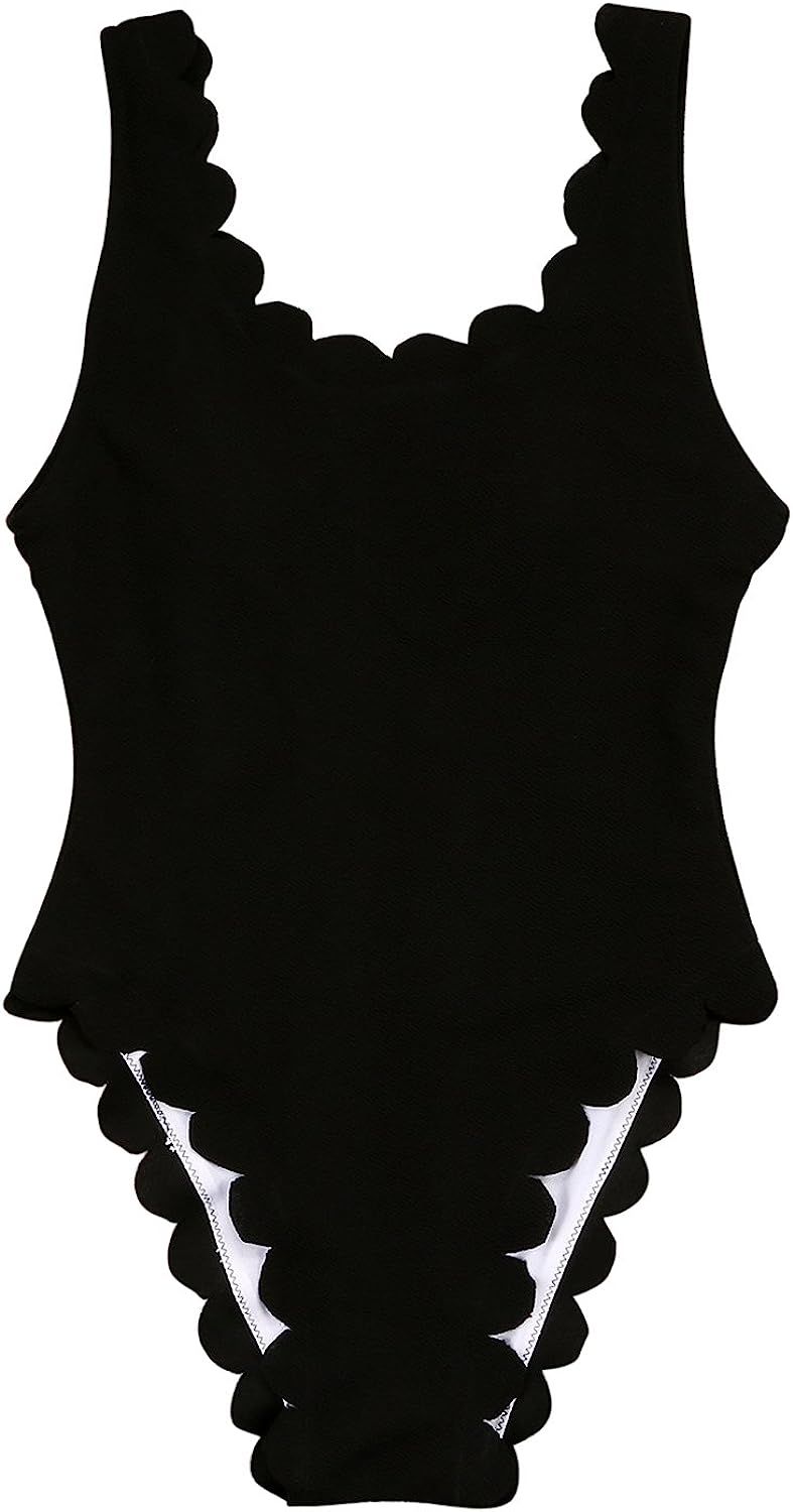 TSWRK Women's Backless One Piece Swimsuit Scallop Trim Bathing Suit,Wide Shoulder High Cut Bikini | Amazon (US)