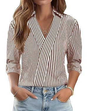 LOMON 3/4 Length Sleeve Womens Tops Dressy V Neck Collared Shirts Trendy Business Casual Work Blo... | Amazon (US)
