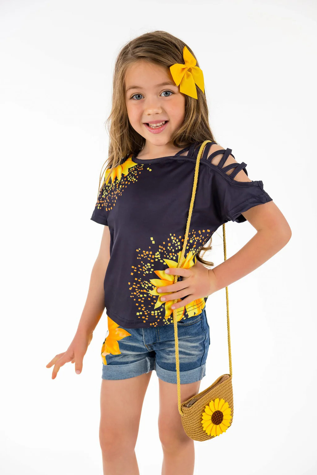 Sunflower Open Shoulder Denim Short Set | Sparkle In Pink