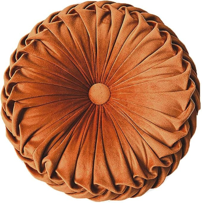 Elero Round Throw Pillow Velvet Home Decoration Pleated Cushion for Couch Chair Bed Car Orange | Amazon (US)