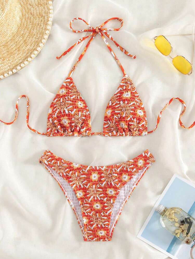 Floral Print Halter Triangle Bikini Swimsuit | SHEIN