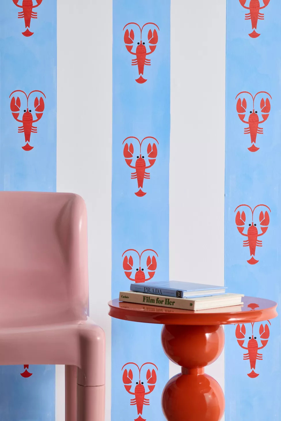 ShowMeMars Red Lobsters On Blue Stripes Removable Wallpaper | Urban Outfitters (US and RoW)