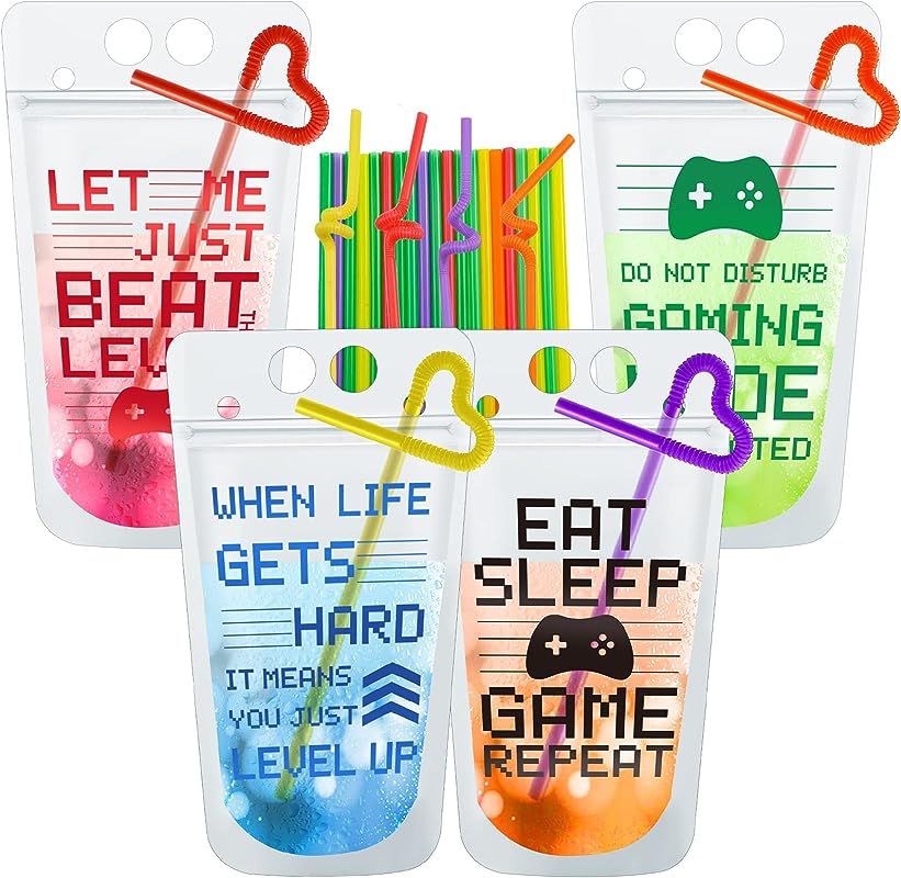 Suclain Video Game Party Favors Drink Pouch Cups with Straws Plastic Pouches Clear Zipper Bags Re... | Amazon (US)