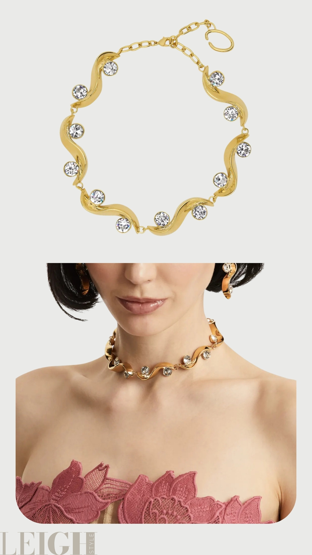 The Crystal Wave Necklace is a modern statement piece that blends fluid design with refined sparkle. Crafted in polished gold-tone metal, its undulating wave silhouette is accented with brilliant crystal drops that catch the light beautifully. 

 #LTKWorkwear #LTKTravel #LTKWedding
