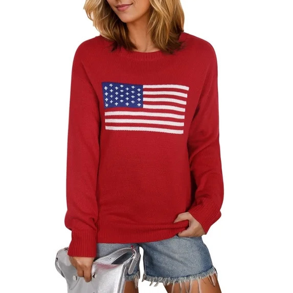 American Flag Graphic Sweaters for Women 4th of July Crew Neck Sweater Long Sleeve Casual Knit Pu... | Walmart (US)