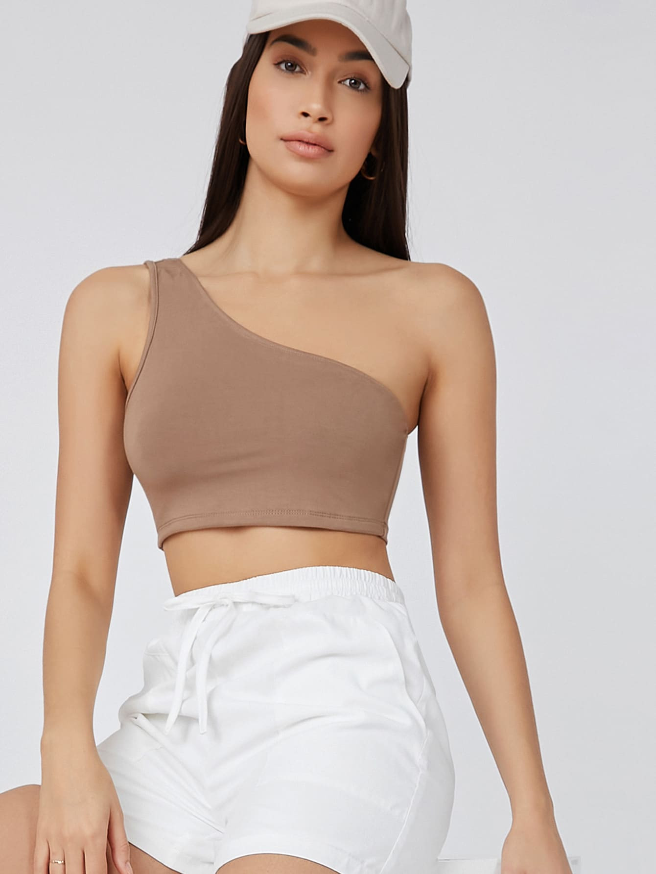 SHEIN BASICS One Shoulder Solid Crop Top | SHEIN