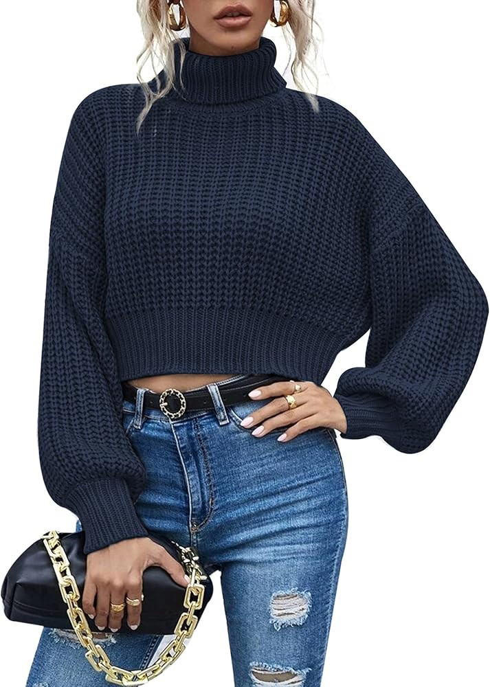 Chigant Women's Turtleneck Knit Sweaters Casual Lantern Long Sleeve Pullover Cropped Cute Jumper ... | Amazon (US)