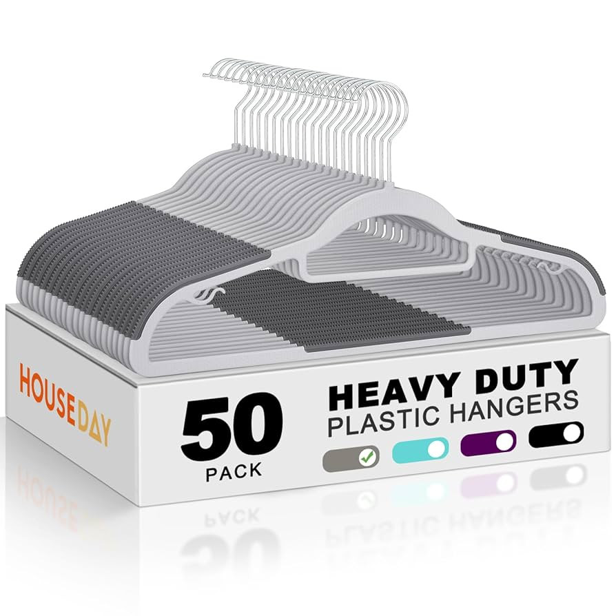 HOUSE DAY Plastic Hangers 50 Pack, Grey Plastic Clothes Hangers Non Slip with Rubber Grip, Heavy ... | Amazon (US)
