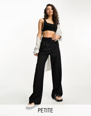 Stradivarius Petite linen look wide leg trouser in black  | ASOS | ASOS (Global)