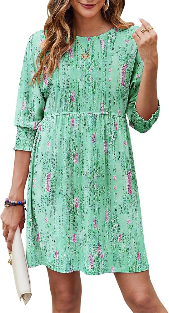 Bluetime Womens Summer Tunic Dress Crew Neck Casual 3/4 Sleeve Short Babydoll Loose Flowy Dresses | Amazon (US)