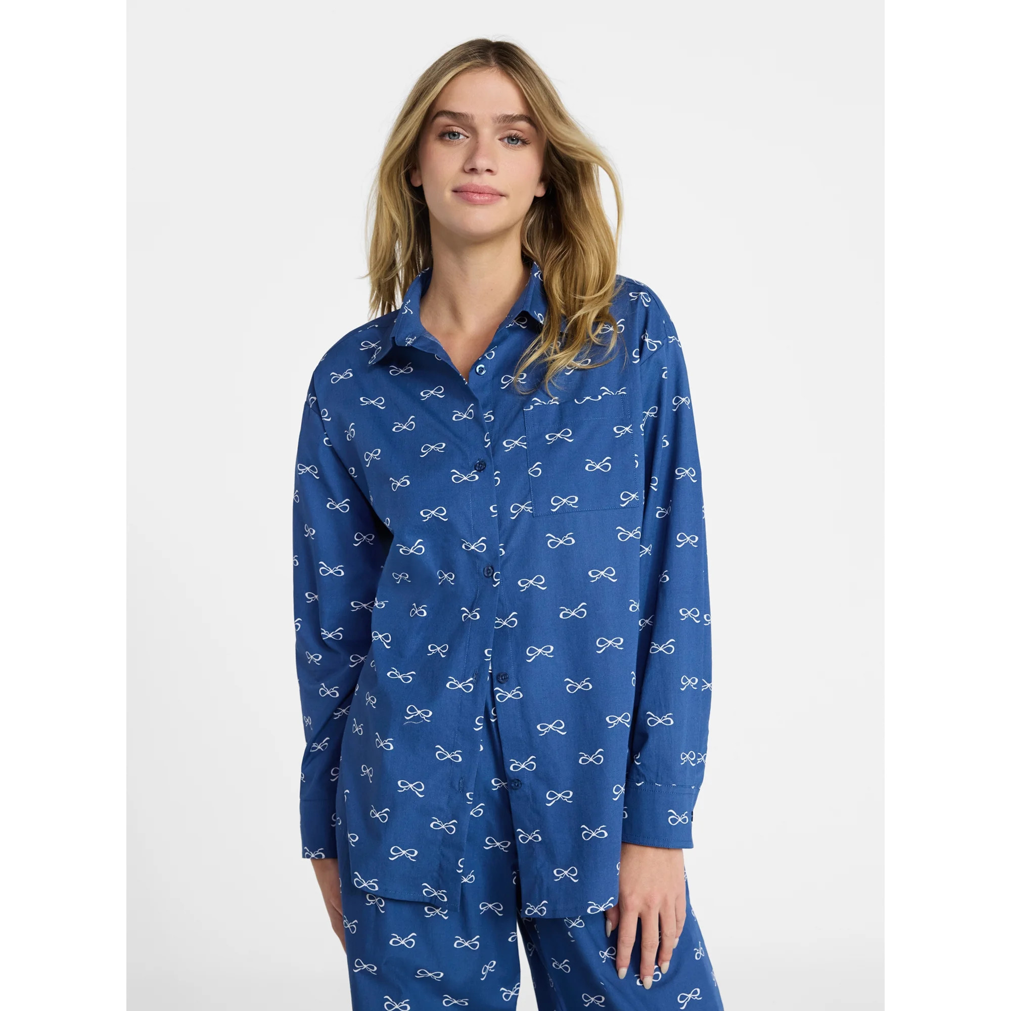 No Boundaries Sleepwear Woven Cotton Button-Down Shirt, Women's XS-XXL | Walmart (US)