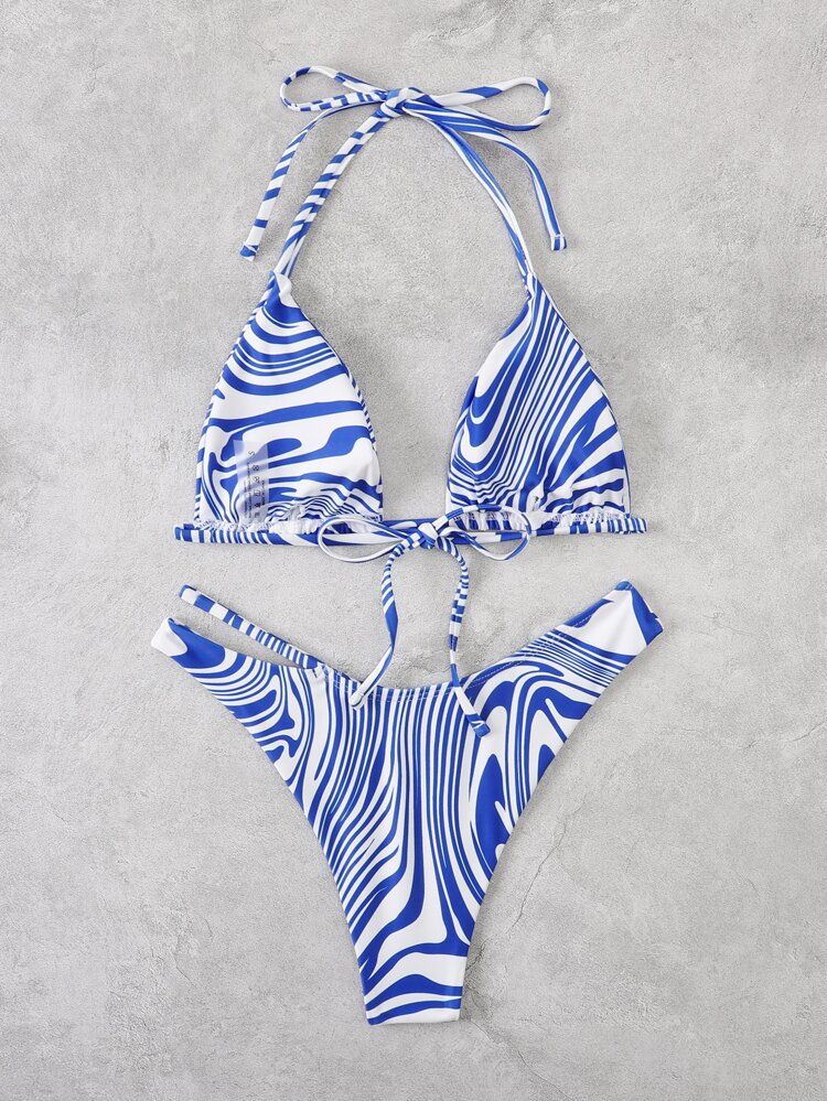 Abstract Wave Pattern Halter Bikini Swimsuit | SHEIN