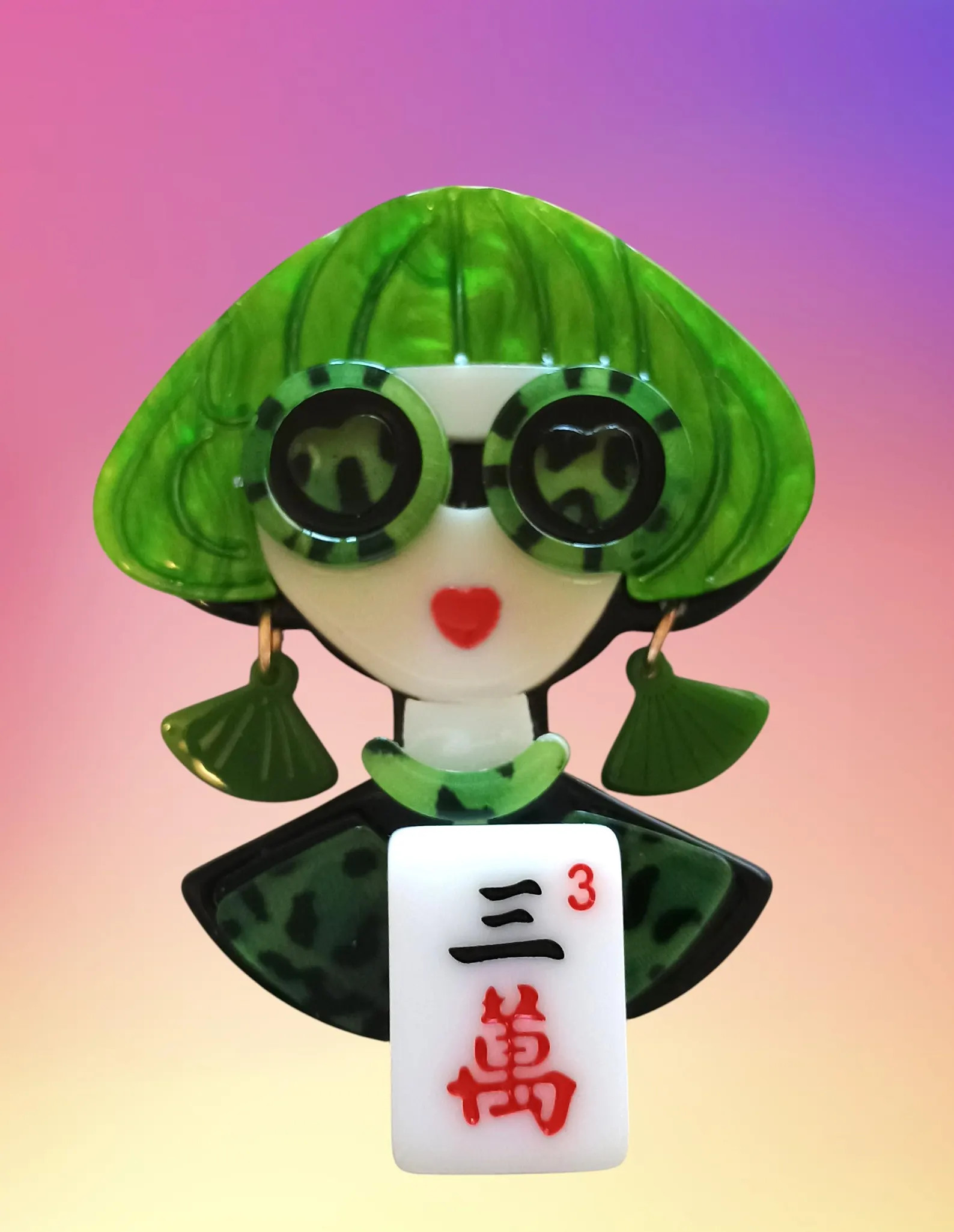 Mahjongg Lady Brooch with Distinctive Green Hair | Etsy (Global)