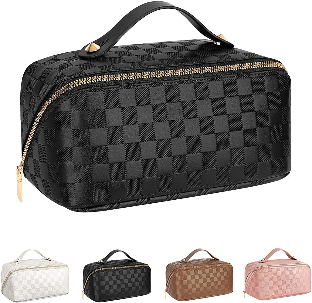Large Capacity Travel Cosmetic Bag - Portable Makeup Bags for Women Waterproof PU Leather Checker... | Amazon (US)