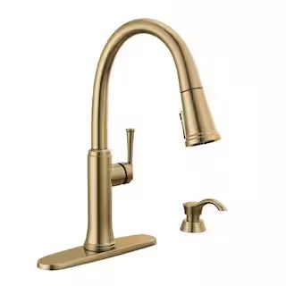 Eldridge Single Handle Pull Down Sprayer Kitchen Faucet with ShieldSpray Technology in Champagne ... | The Home Depot