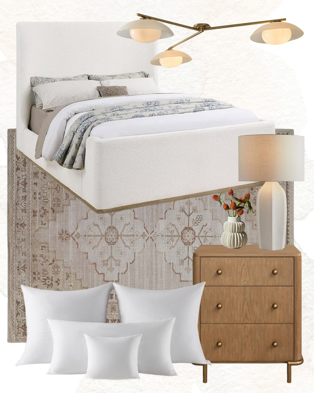 Get the look - Bedroom design! 

upholstered bed, vintage-inspired rug, wood tone nightstand, table lamp, flush-mount light, pendant light, pillow inserts
 

 #LTKHome