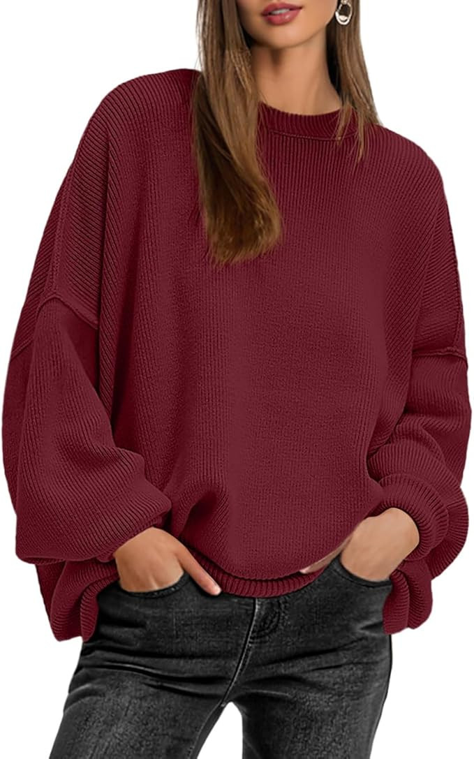 Womens Crewneck Batwing Long Sleeve Sweaters Fall 2024 Oversized Side Slit Ribbed Knit Sweaters P... | Amazon (US)