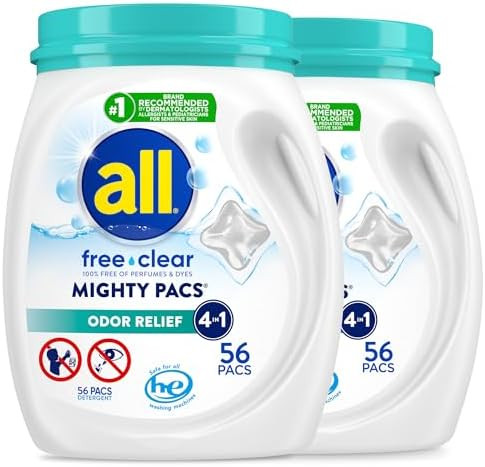 All Mighty Pacs Laundry Detergent, Free Clear Odor Relief, Tub, 56 Count (Pack of 2), 112 Total L... | Amazon (US)