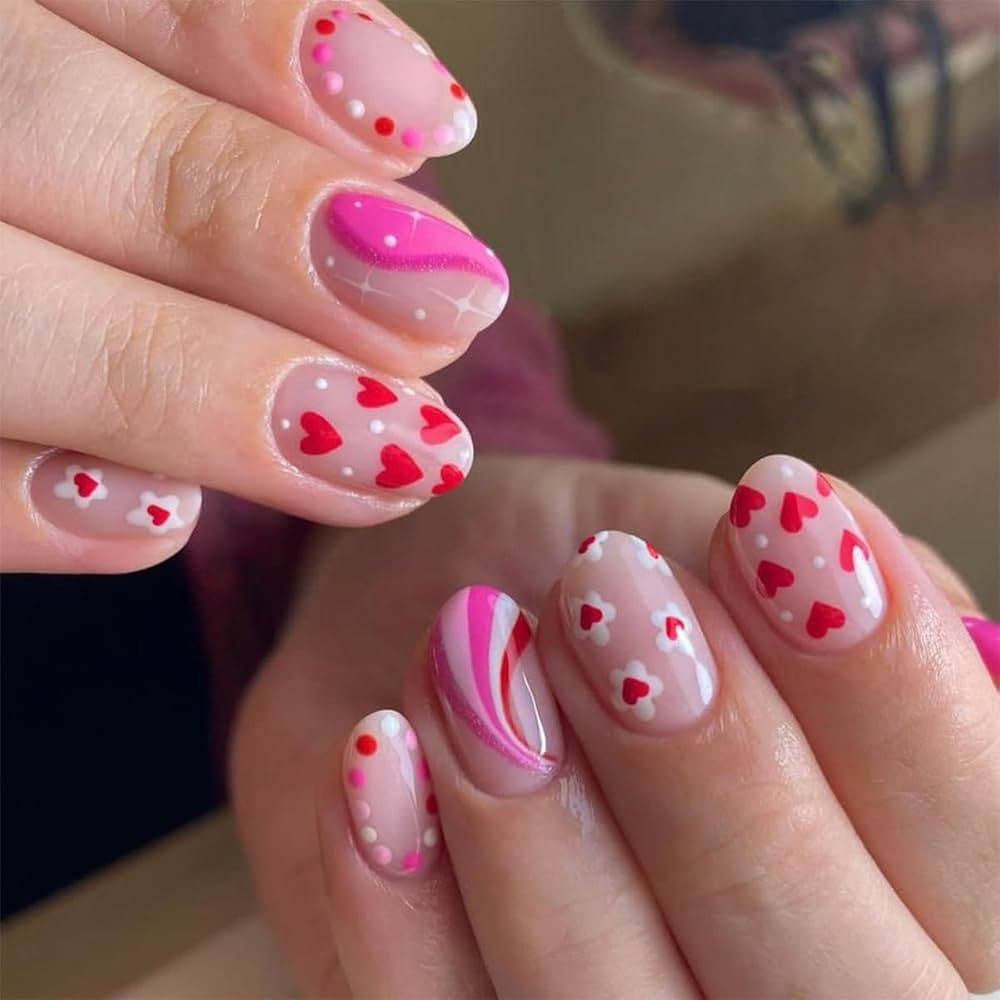 Valentine's Day Press on Nails Short Oval Fake Nails Cute Pink Stick on Nails Red Heart False Nai... | Amazon (US)