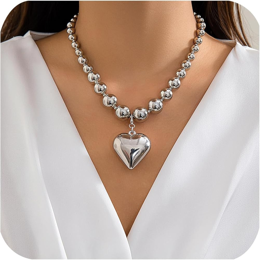 Heart Necklaces Chunky Puffy Heart Choker Necklace for Women Chunky Gold Necklace Chunky Necklace... | Amazon (US)