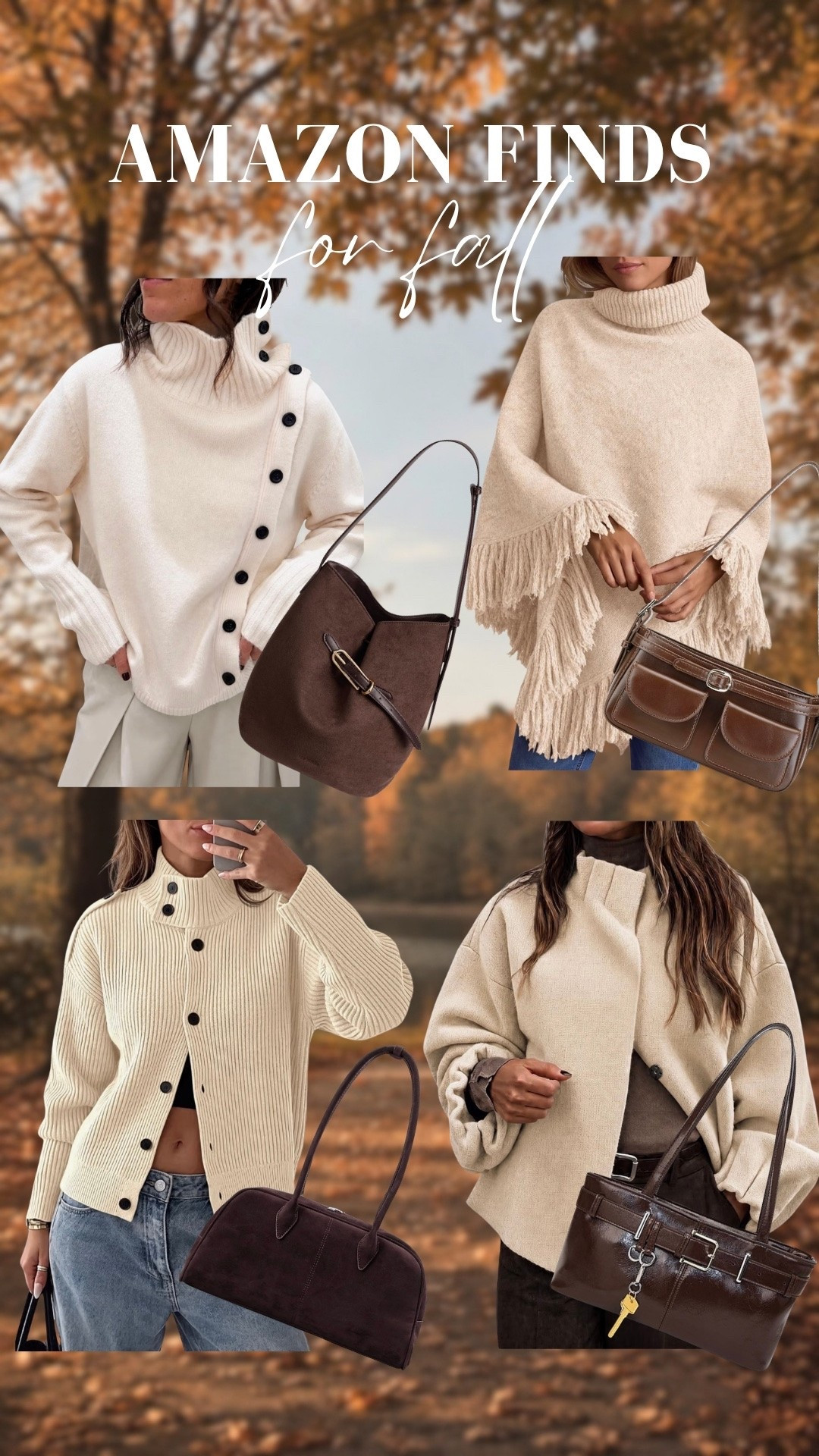 Fall sweaters 
Neutral fashio n
Fringe sweater 
 Bowling bag 
Brown suede bag #fallfashion