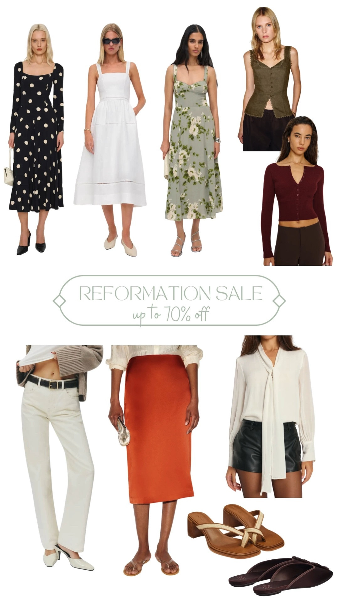 This sale is way too good to miss! So many gorgeous fall pieces marked way down, from dreamy midi dresses to the perfect satin skirt.

Reformation sale, fall dresses, midi skirt, women's fashion, fall wardrobe, affordable style, fall outfit ideas, 70% off, discounted, on sale now, midi dress, vest top, long sleeve top, straight leg trouser, midi skirt, tie front top, block heel sandals, mules, polka dot dress, white dress, floral dress, capsule wardrobe, petite fashion

#LTKootd #LTKSaleAlert #LTKU