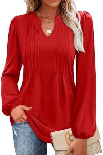 MIHOLL Women's V Neck Puff Long Sleeve T Shirts Pleated Casual Loose Tunic Blouse | Amazon (US)