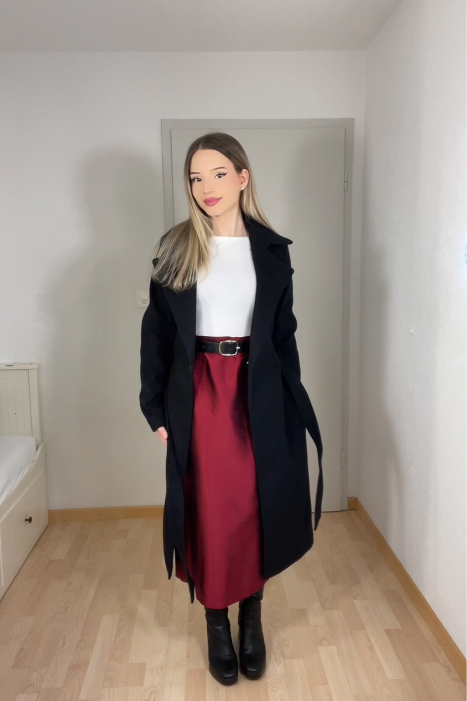 An effortlessly chic winter outfit featuring a stunning red satin skirt paired with a sleek black coat for timeless elegance. The fitted white top and black belt tie the look together perfectly, while heeled boots add sophistication and warmth for colder days. This polished and versatile look is ideal for city outings, winter date nights, or even a statement office ensemble.
New Year outfit
#WinterFashion #ElegantStyle #SatinSkirt #ClassicWinterLook #TimelessOutfit #ChicLayers #RedAndBlackStyle #ColdWeatherFashion #EffortlessChic #PolishedLook
#LTKstyletip #LTKwinter #LTKeurope #LTKunder50

#LTKParties #LTKHoliday