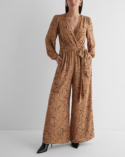 Printed V-Neck Surplice Tie Waist Wide Leg Jumpsuit | Express