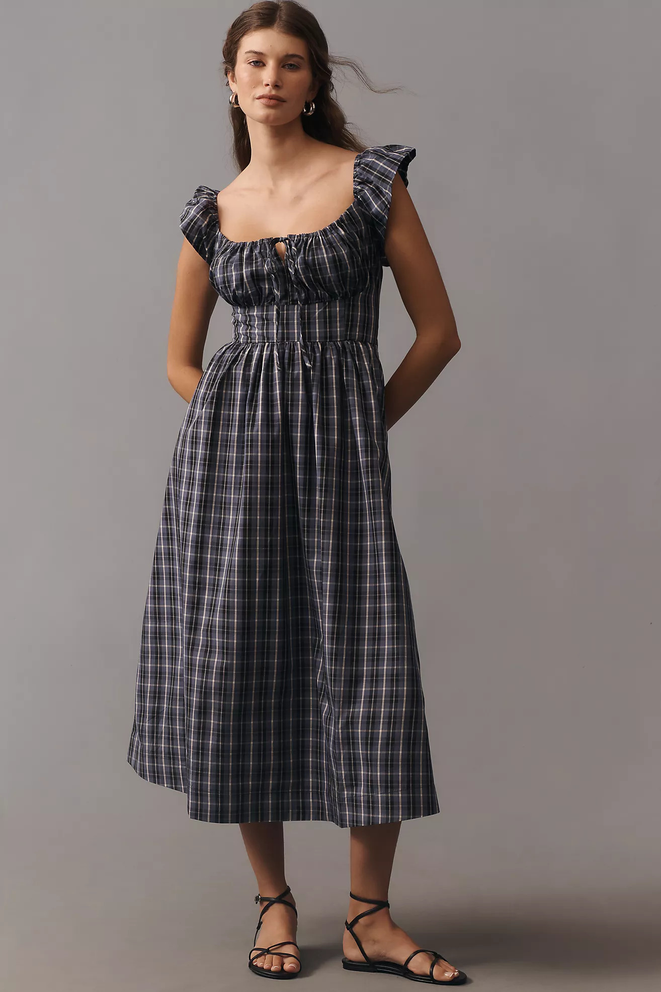 By Anthropologie Flutter-Sleeve Square-Neck Midi Dress | Anthropologie (US)