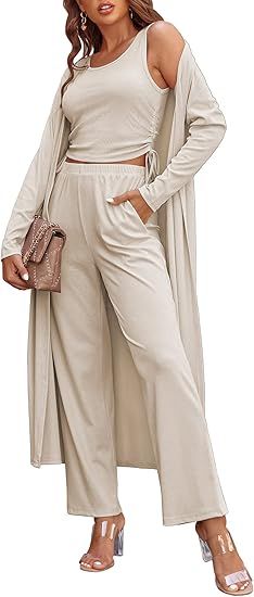 Ekouaer Womens Pajama Set 3 Piece Lounge Set Drawstring Side Tank Top Long Pant Tracksuit Sweatsu... | Amazon (US)