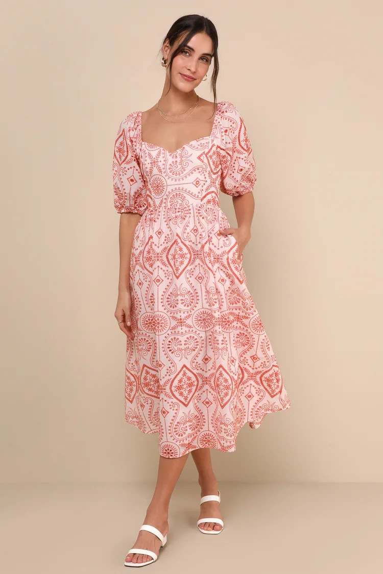 Dainty Persona Orange Eyelet Midi Dress With Pockets | Lulus