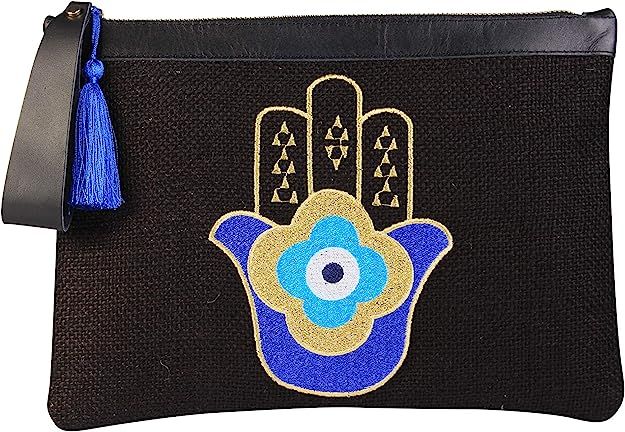 KarensLine Handmade Evil Eye Embroidery Black Jute Clutch Bag Hamsa Hand Beach Summer Style, Medi... | Amazon (US)