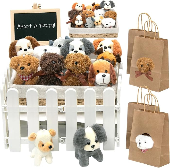 37Pcs Adopt A Puppy Party Favors Set, 12 Plush Puppy Toys with 12” Rattan Basket,Gift Bags,Fenc... | Amazon (US)