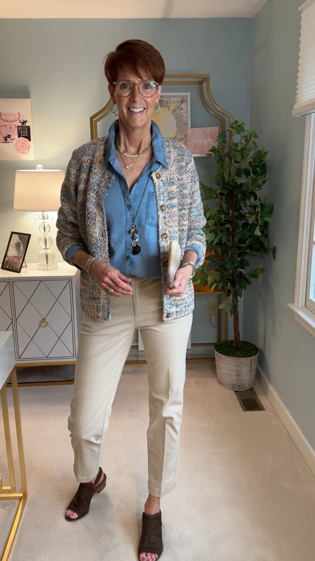 Wearing a medium in the top and the sweater and an 8 in the pants and a 9 in the shoes.

Hey fashion lovers! Today, I'm excited to share a chic and versatile fall outfit from Coldwater Creek that perfectly embodies timeless, classic, everyday style. Whether you're heading to the office or enjoying a casual day out, these pieces will have you looking effortlessly stylish.

🌟 Chambray Shirt: A must-have wardrobe staple, this chambray shirt is soft, breathable, and perfect for layering. Its classic fit and timeless appeal make it a versatile piece for any season.

🍁 Multi Fall Color Cardigan: Add a pop of autumn hues to your look with this cozy cardigan. The rich fall colors and comfortable knit make it ideal for staying warm and stylish.

👖 Khaki Flat Front Chino Pants: These khaki chinos offer a polished yet relaxed vibe. Their flattering fit and neutral tone make them a perfect match for any top or accessory.

👡 Brown Open Toe Sling Backs: Elevate your outfit with these elegant sling backs. The open toe design adds a touch of sophistication, while the brown hue complements any ensemble.

💎 Multi Stone Necklace: This stunning necklace features a mix of stones that add a touch of glamour to your outfit. It's the perfect statement piece to complete your look.

👜 Felted Wool Clutch: Carry your essentials in style with this felted wool clutch. The neutral tones make it a versatile accessory that pairs beautifully with any outfit.


#LTKStyleTip #LTKFindsUnder100 #LTKOver40