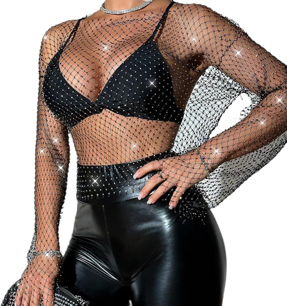 ABAFIP Women's Sparkly Rhinestone Crop Top Long Sleeve Mesh Bikini Cover up Fishnet Shirts Rave T... | Amazon (US)