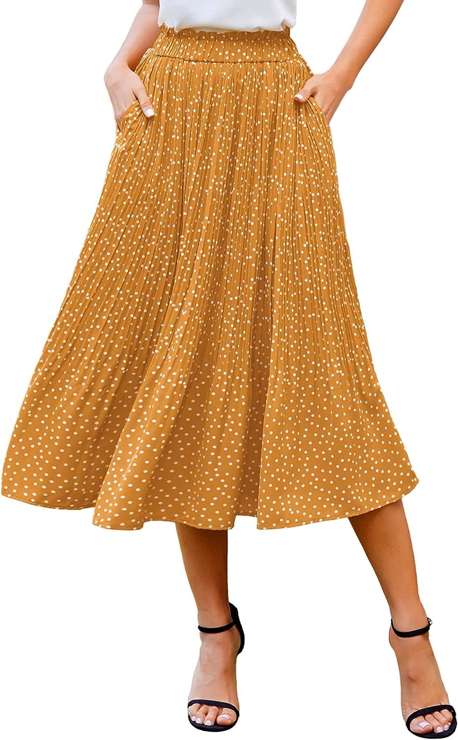 Zeagoo Women's Midi Skirts Elastic High Waist Skirt Polka Dot Casual Pleated Skirt with Pockets | Amazon (US)