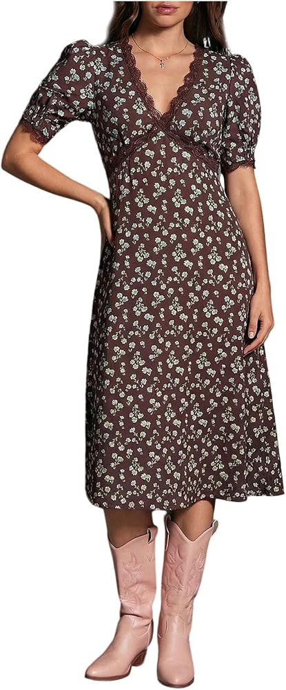 WDIRARA Women's Floral Lace Trim V Neck Midi Dress Short Puff Sleeve Flowy Dresses | Amazon (US)