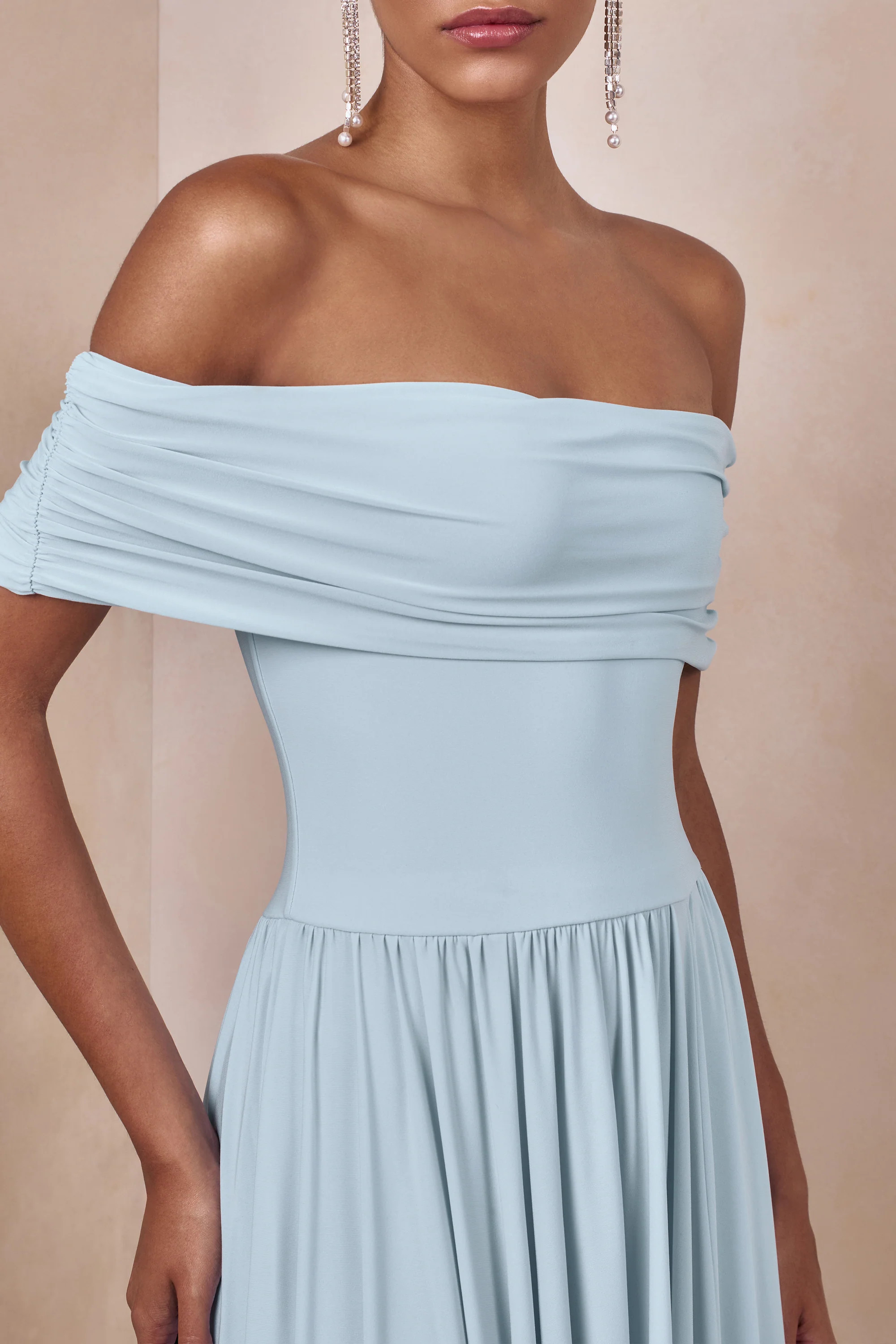 Cindie | Powder Blue Bardot-Neck Maxi Dress | Club L London