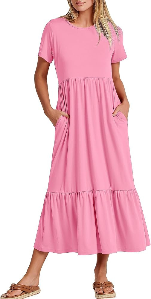 ANRABESS Women Summer Casual Short Sleeve Crewneck Aline Swing Flowy Tiered Shirt Maxi Beach Long... | Amazon (US)