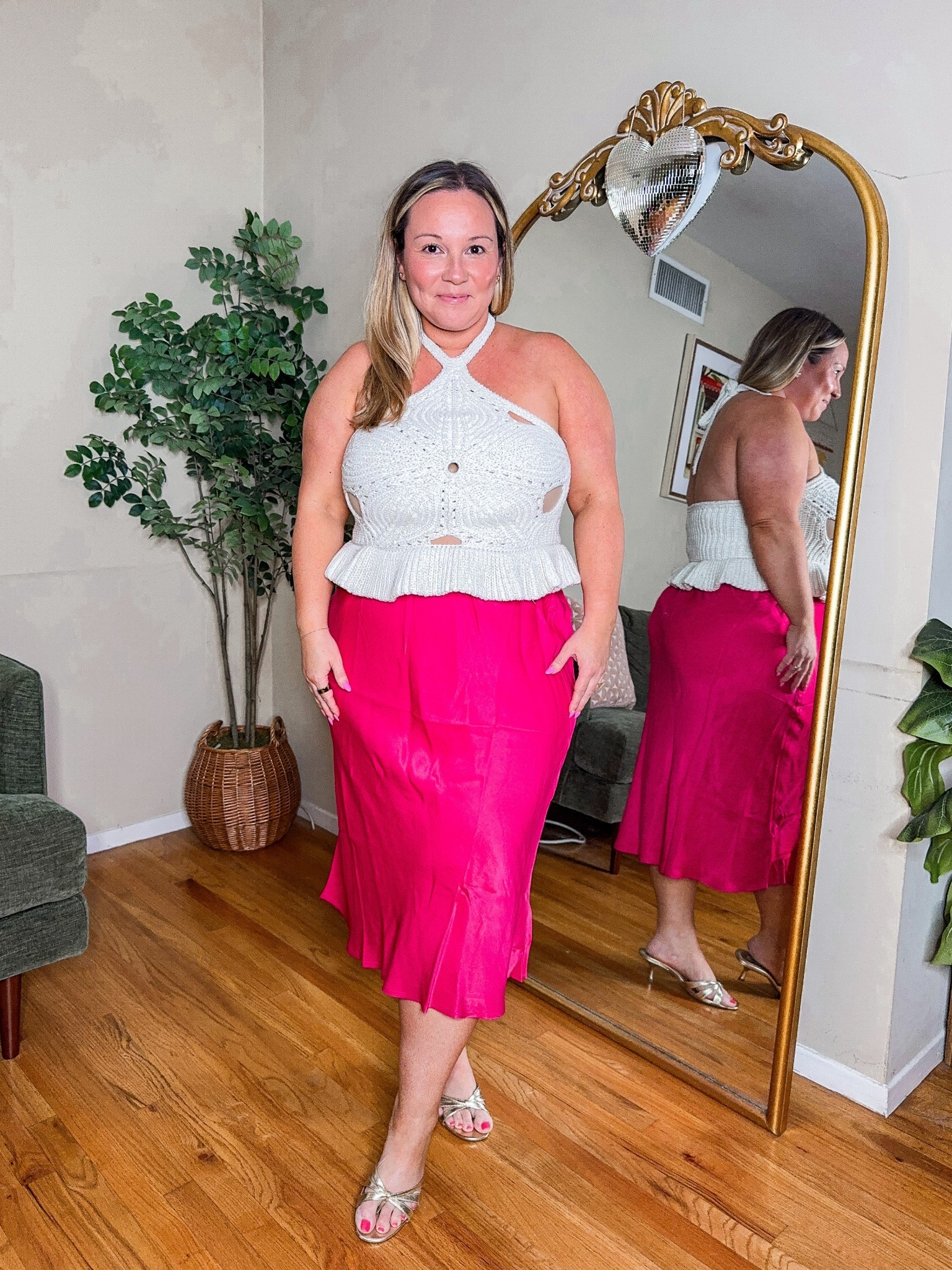 Anthropologie code SHELLI20 good through 6/30! 
Top size LARGE- if you want more length size up 
Satin midi skirt size LARGE PETITE 

Summer style, workwear skirt, petite style, Anthropologie, office style, summer top, date night top

#LTKMidsize #LTKSaleAlert #LTKOver40