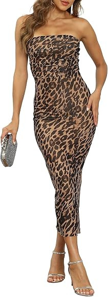 Amilia Womens Sexy Tie Dye Ruched Mesh Tube Dress Split Bodycon Cocktail Party Midi Sheath Dresse... | Amazon (CA)