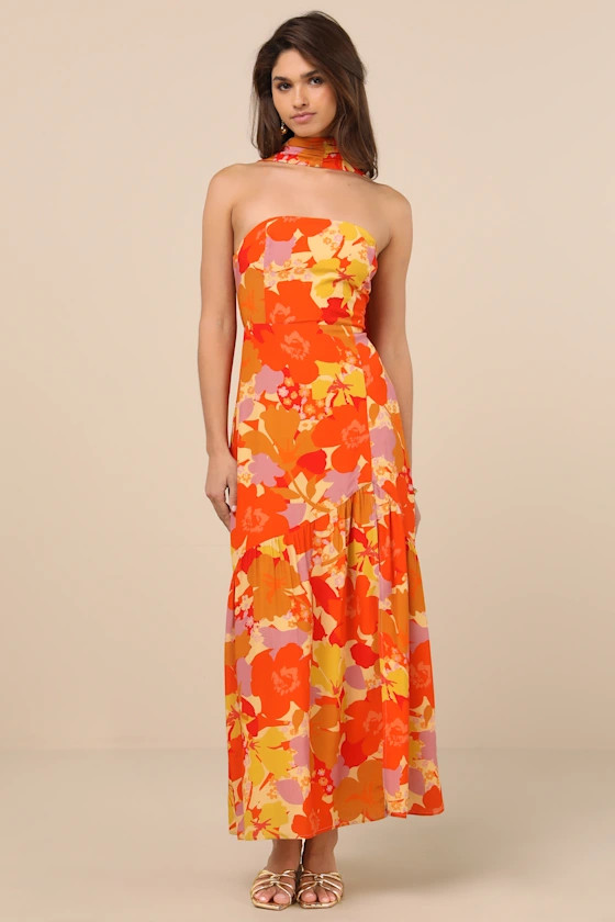 Captivating Spirit Orange Floral Strapless Dress and Scarf Set | Lulus