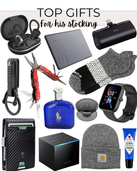 Too gifts for his stocking include wireless earbuds, tile wallet tracker, portable charger, keychain, bombas socks, multi tool pocket knife, wallet, Alexa fire TV cube, Polo Blue by Ralph Lauren cologne, pop socket, smart watch, beanie, and Jack Black Lip Balm

Stocking stuffers, small gifts, gifts for him, Christmas gifts, gift guide

#LTKunder50 #LTKmens #LTKGiftGuide