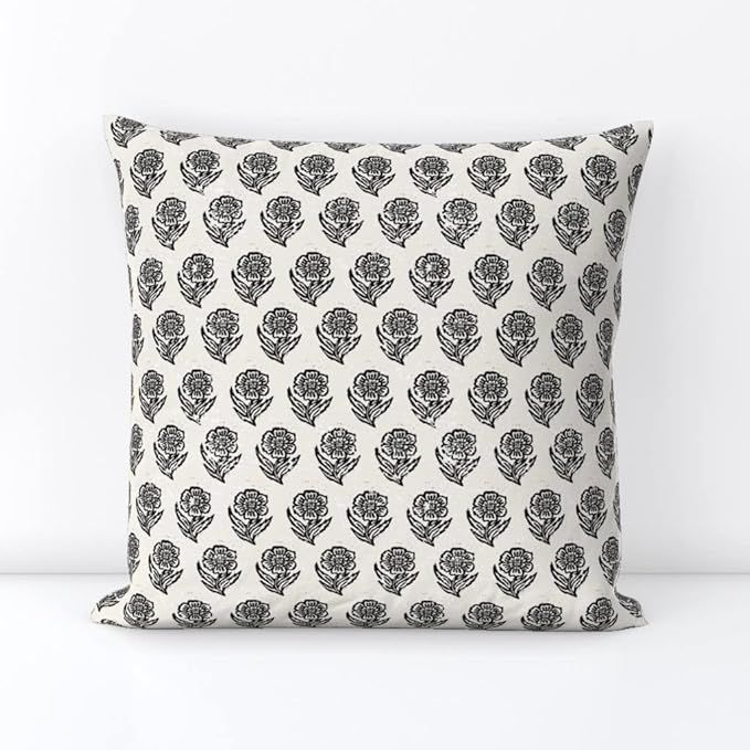 Spoonflower Square Throw Pillow, 18", Linen Cotton Canvas - Macha Flower Black White Floral Textu... | Amazon (US)