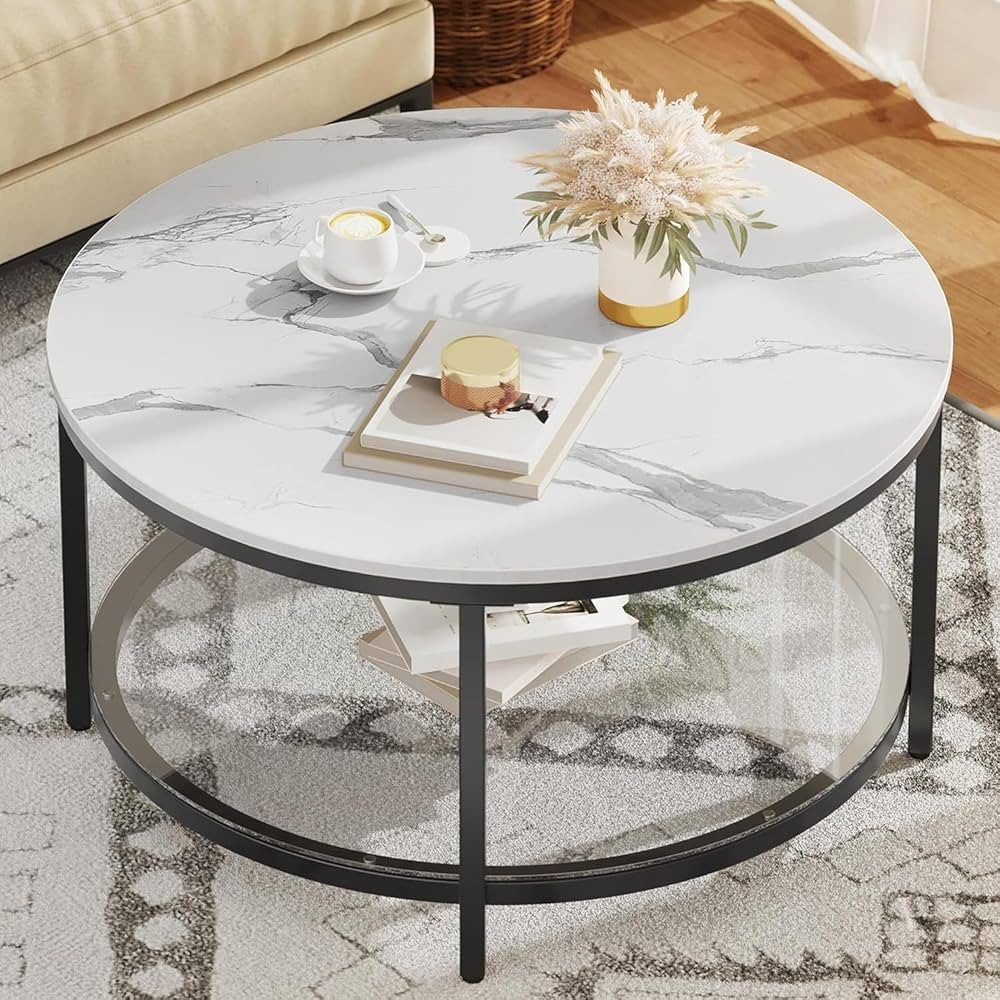 YITAHOME White Marble Round Coffee Table with Glass for Living Room, 2-Tier Circle Coffee Table w... | Amazon (US)