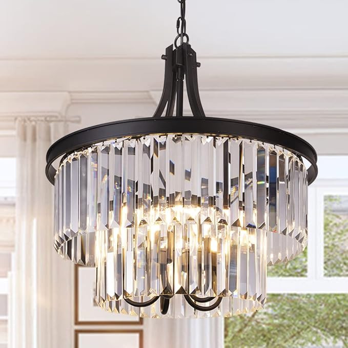 Wellmet Crystal Chandelier, Modern 5 Light Foyer Chandeliers, Hanging Black Pendant Lights with P... | Amazon (US)