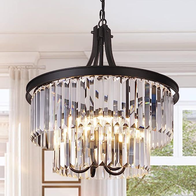 Wellmet Crystal Chandelier, Modern 5 Light Foyer Chandeliers, Hanging Black Pendant Lights with P... | Amazon (US)