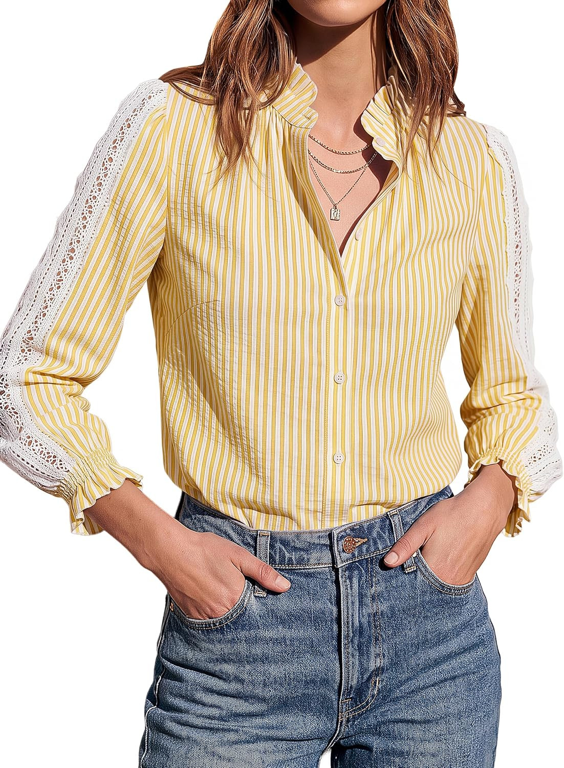 Blooming Jelly Women's Striped Button Down Shirt Lace Long Sleeve Blouse | Amazon (US)